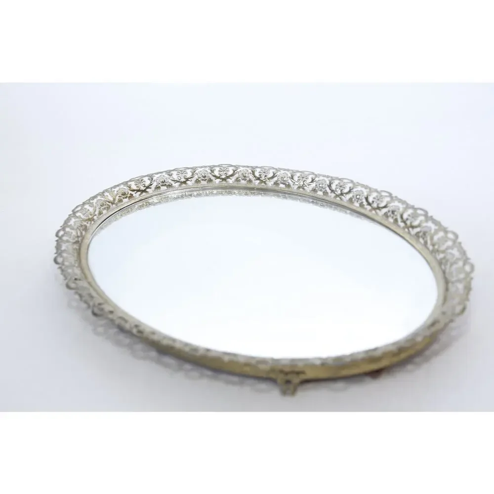 Oval Mirror Tray with Filagree Metal Frame, 14